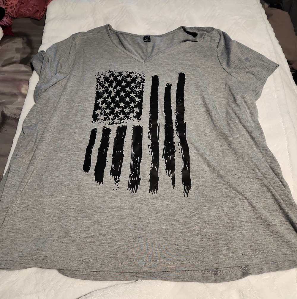 SHEIN Gray V-Neck Tee with Distressed Black Flag Graphic